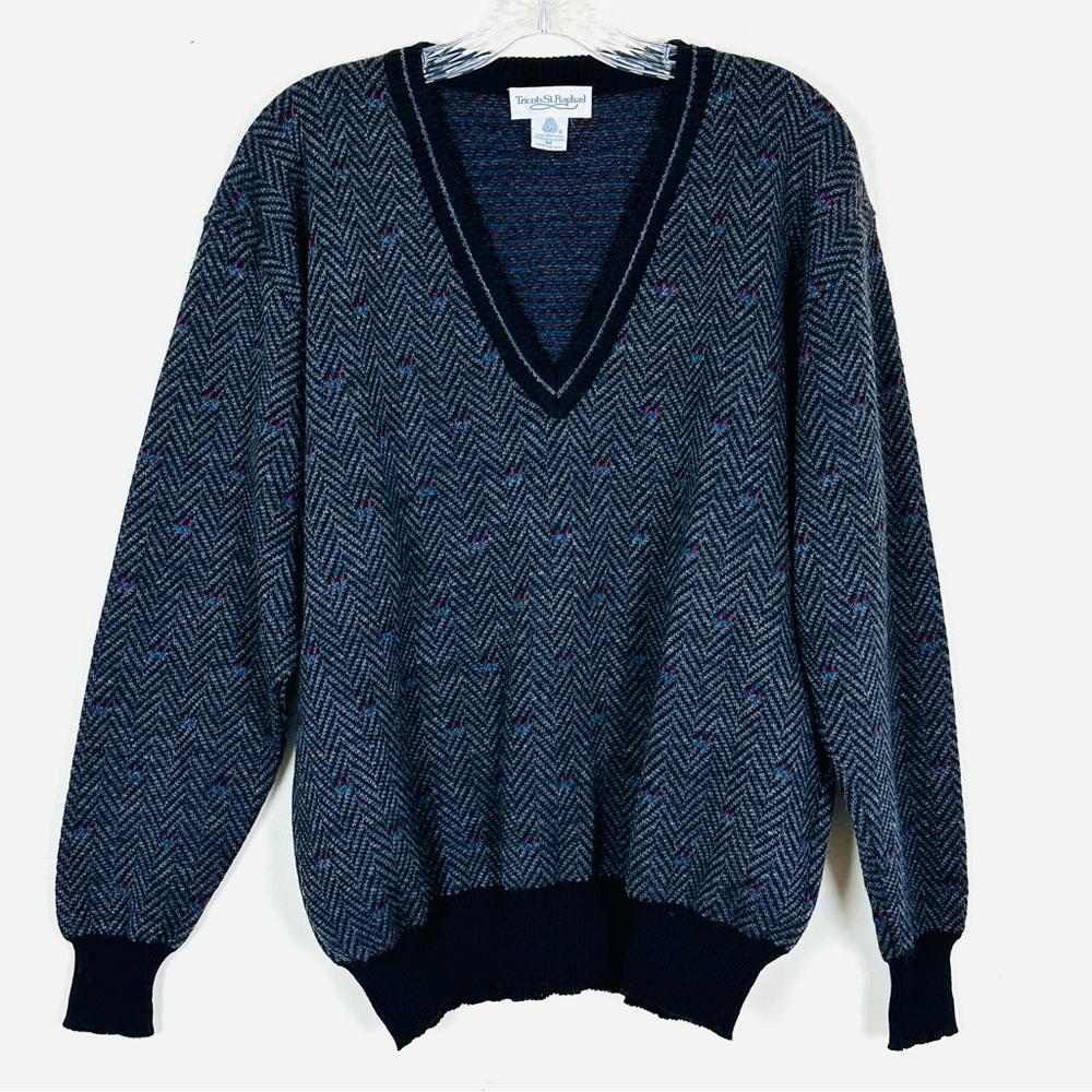 TRICOTS ST RAPHAEL Men’s 100% Wool Patterned V-Neck Sweater Relaxed Fit, Size M
